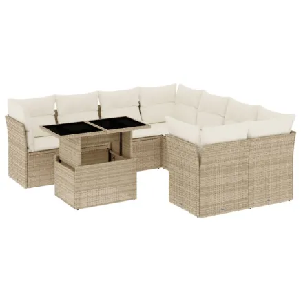 Salon de jardin avec coussins 9 pcs beige résine tressée 2