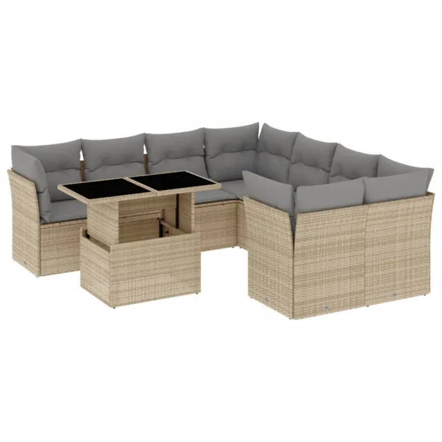 Salon de jardin avec coussins 9 pcs beige résine tressée
