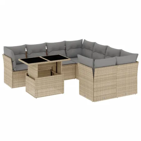 Salon de jardin avec coussins 9 pcs beige résine tressée