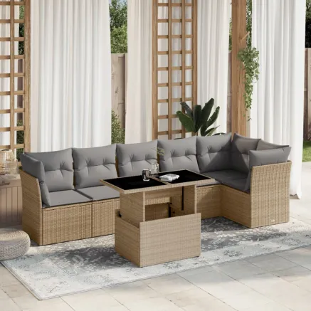 Salon de jardin avec coussins 7 pcs beige résine tressée