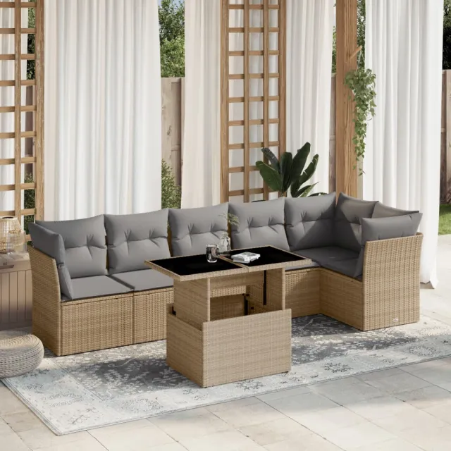 Salon de jardin avec coussins 7 pcs beige résine tressée