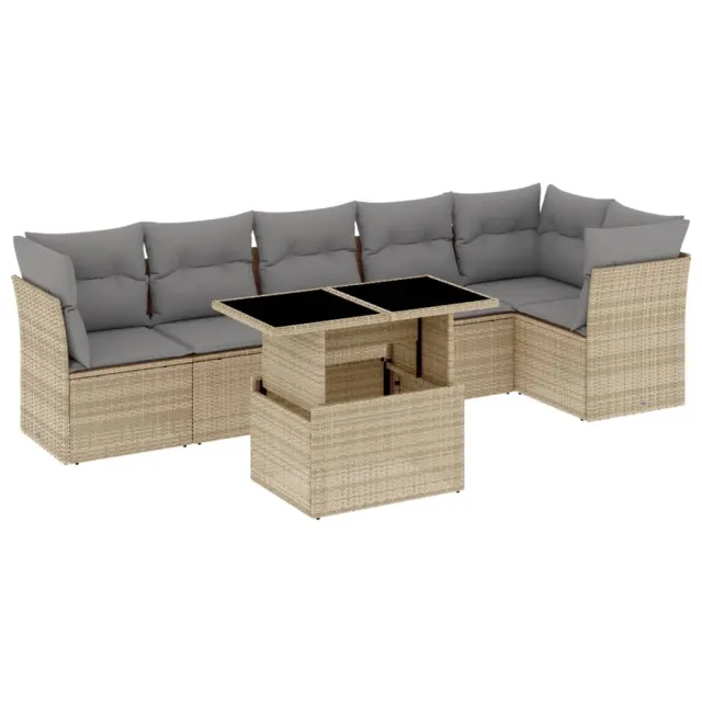 Salon de jardin avec coussins 7 pcs beige résine tressée