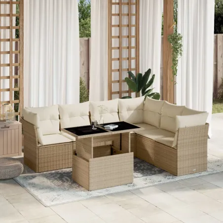 Salon de jardin avec coussins 7 pcs beige résine tressée