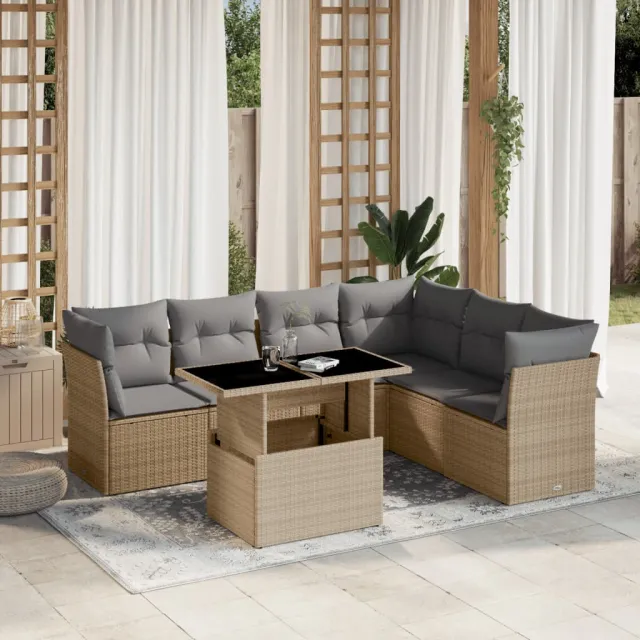 Salon de jardin avec coussins 7 pcs beige résine tressée