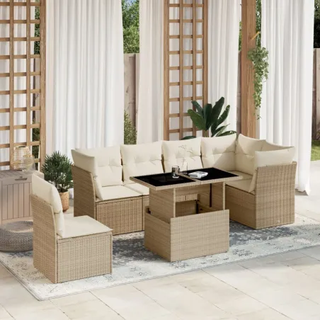 Salon de jardin avec coussins 7 pcs beige résine tressée