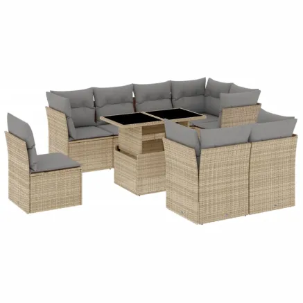 Salon de jardin avec coussins 9 pcs beige résine tressée 2