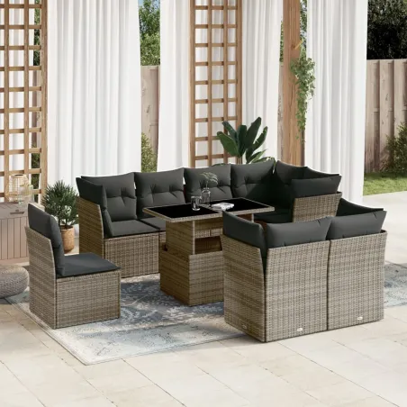 Salon de jardin 9 pcs avec coussins gris résine tressée