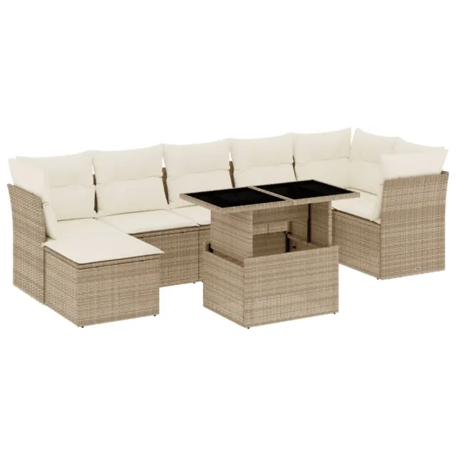 Salon de jardin avec coussins 8 pcs beige résine tressée