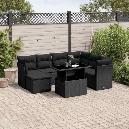Salon de jardin 8 pcs avec coussins noir résine tressée