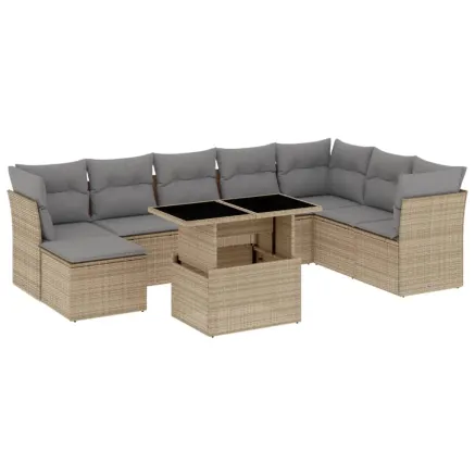 Salon de jardin avec coussins 9 pcs beige résine tressée 2