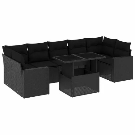 Salon de jardin 8 pcs avec coussins noir résine tressée 2