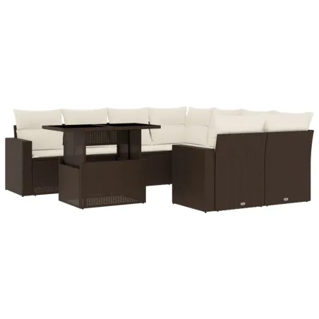 Salon de jardin avec coussins 9 pcs marron résine tressée