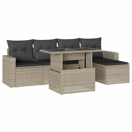 Salon de jardin 6 pcs avec coussins gris clair résine tressée 2
