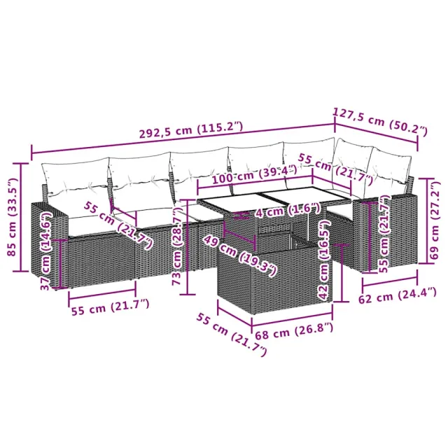 Salon de jardin avec coussins 7 pcs beige résine tressée