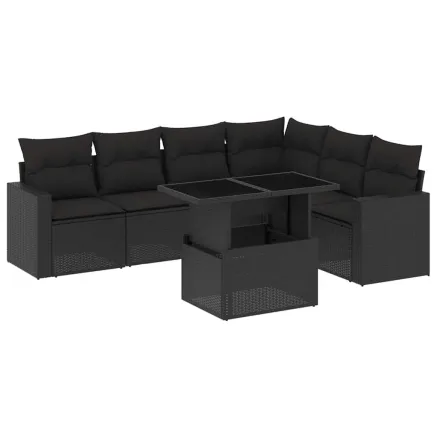 Salon de jardin 7 pcs avec coussins noir résine tressée 2