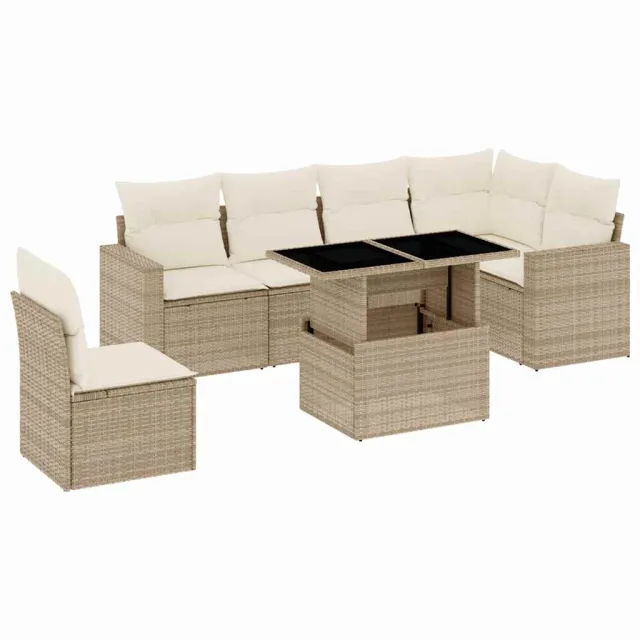 Salon de jardin avec coussins 7 pcs beige résine tressée