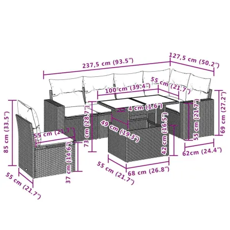 Salon de jardin avec coussins 7 pcs beige résine tressée