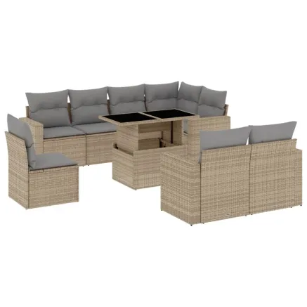 Salon de jardin avec coussins 9 pcs beige résine tressée 2