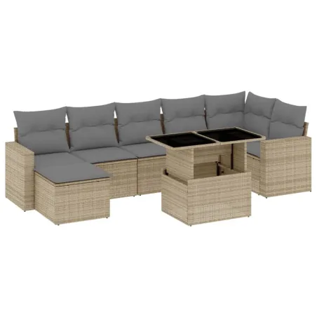 Salon de jardin avec coussins 8 pcs beige résine tressée