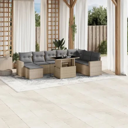 Salon de jardin avec coussins 9 pcs beige résine tressée