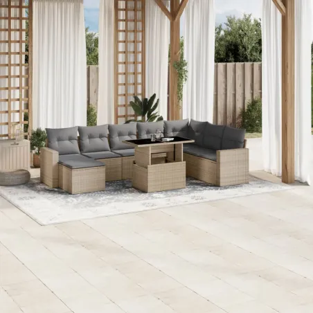 Salon de jardin avec coussins 9 pcs beige résine tressée
