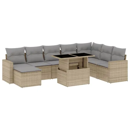 Salon de jardin avec coussins 9 pcs beige résine tressée