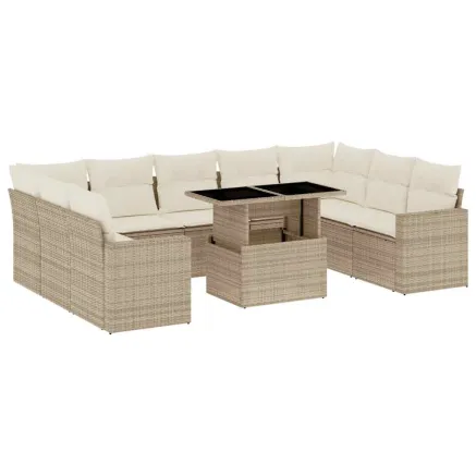 Salon de jardin avec coussins 10 pcs beige résine tressée 2