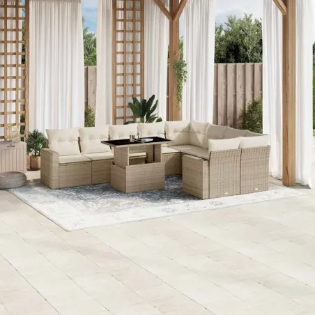 Salon de jardin avec coussins 10 pcs beige résine tressée