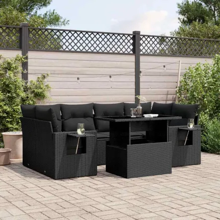 Salon de jardin 7 pcs avec coussins noir résine tressée