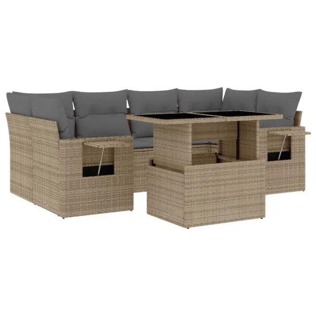 Salon de jardin avec coussins 7 pcs beige résine tressée