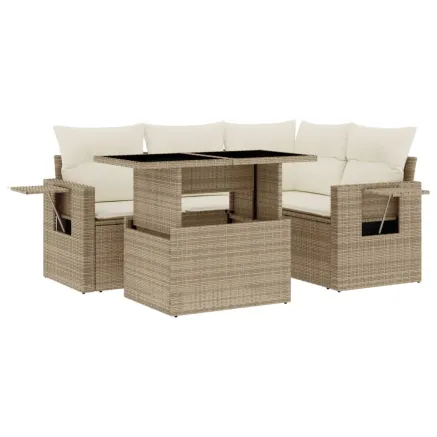 Salon de jardin avec coussins 5 pcs beige résine tressée 2