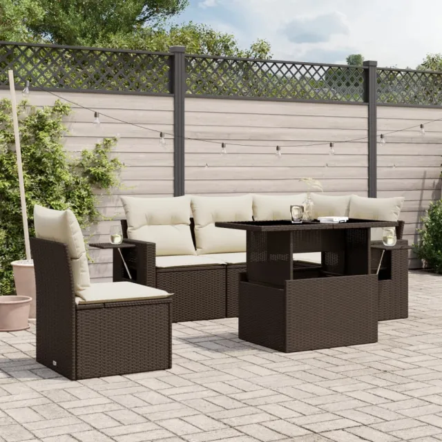 Salon de jardin avec coussins 6 pcs marron résine tressée