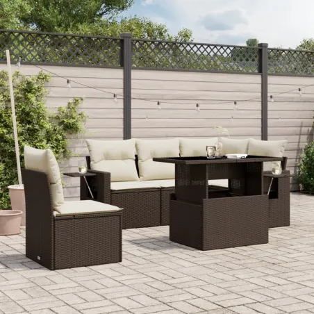 Salon de jardin avec coussins 6 pcs marron résine tressée