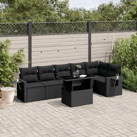 Salon de jardin 7 pcs avec coussins noir résine tressée