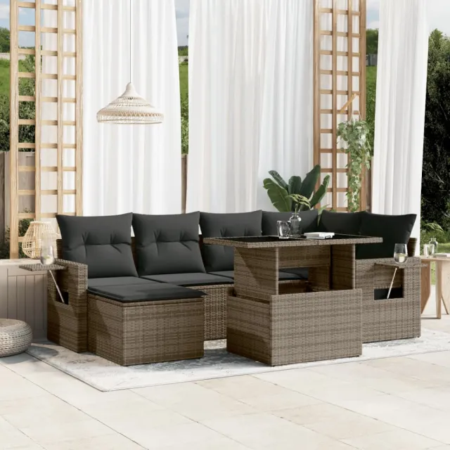 Salon de jardin avec coussins 7 pcs gris résine tressée