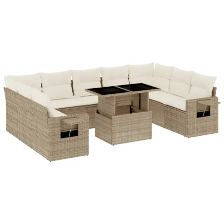 Salon de jardin avec coussins 10 pcs beige résine tressée 2