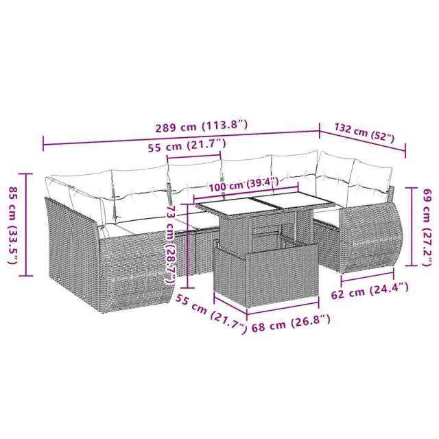Salon de jardin 8 pcs avec coussins noir résine tressée