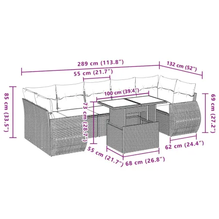 Salon de jardin 8 pcs avec coussins noir résine tressée