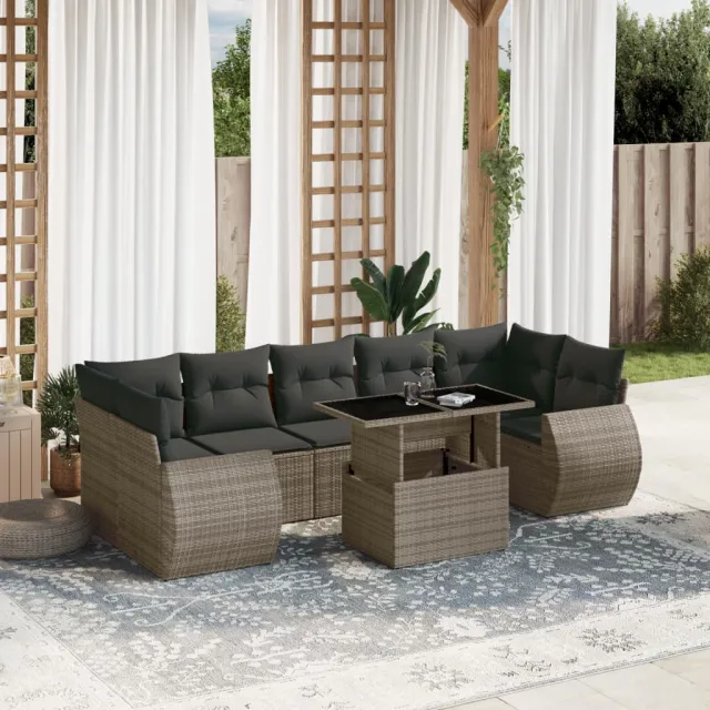 Salon de jardin 8 pcs avec coussins gris résine tressée