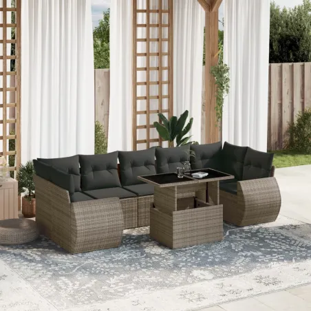 Salon de jardin 8 pcs avec coussins gris résine tressée