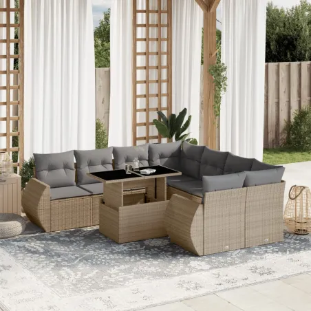 Salon de jardin avec coussins 9 pcs beige résine tressée