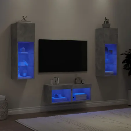 Meuble TV muraux 4 pcs avec lumières LED gris béton