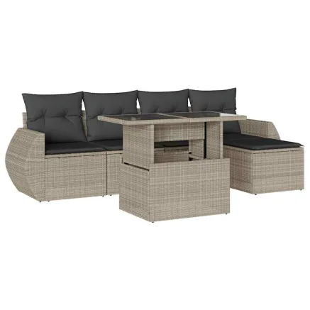 Salon de jardin 6 pcs avec coussins gris clair résine tressée 2