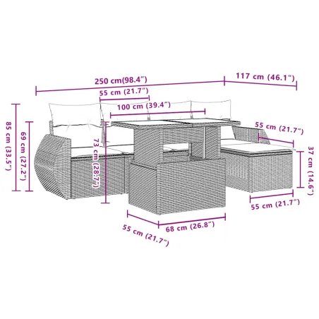 Salon de jardin 6 pcs avec coussins gris clair résine tressée