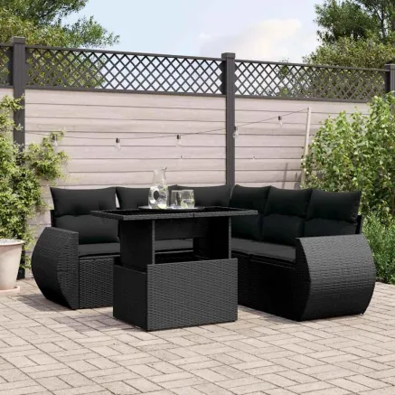 Salon de jardin 6 pcs avec coussins noir résine tressée