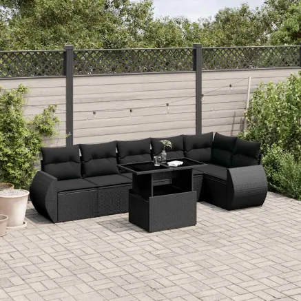 Salon de jardin 7 pcs avec coussins noir résine tressée