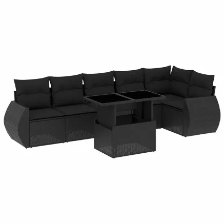 Salon de jardin 7 pcs avec coussins noir résine tressée 2