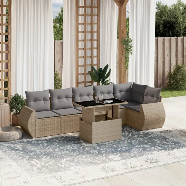 Salon de jardin avec coussins 7 pcs beige résine tressée