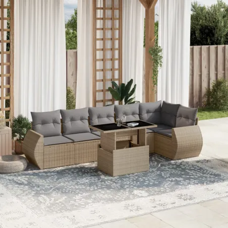 Salon de jardin avec coussins 7 pcs beige résine tressée