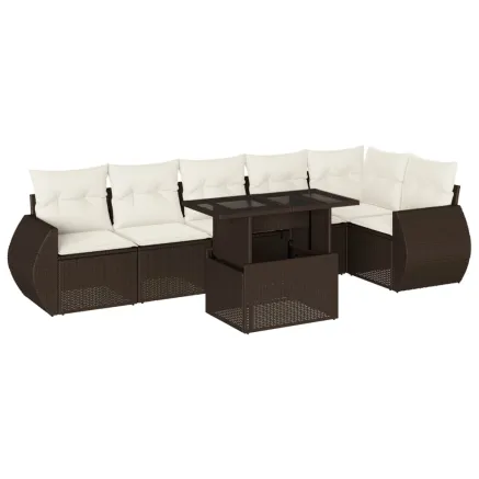 Salon de jardin avec coussins 7 pcs marron résine tressée 2